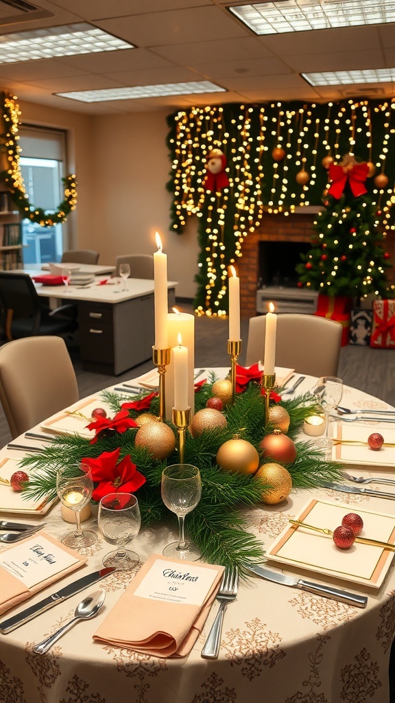 A festive Christmas table setup with decorations for a work party, including candles, ornaments, and personalized name cards.